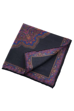 Charcoal & Purple Paisley Silk-Wool Pocket Square