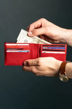 Classic 8 Card Bifold Black & Red Grained Leather Wallet