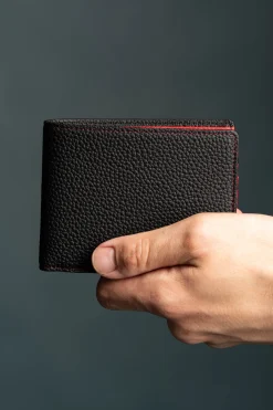 Classic 8 Card Bifold Black & Red Grained Leather Wallet