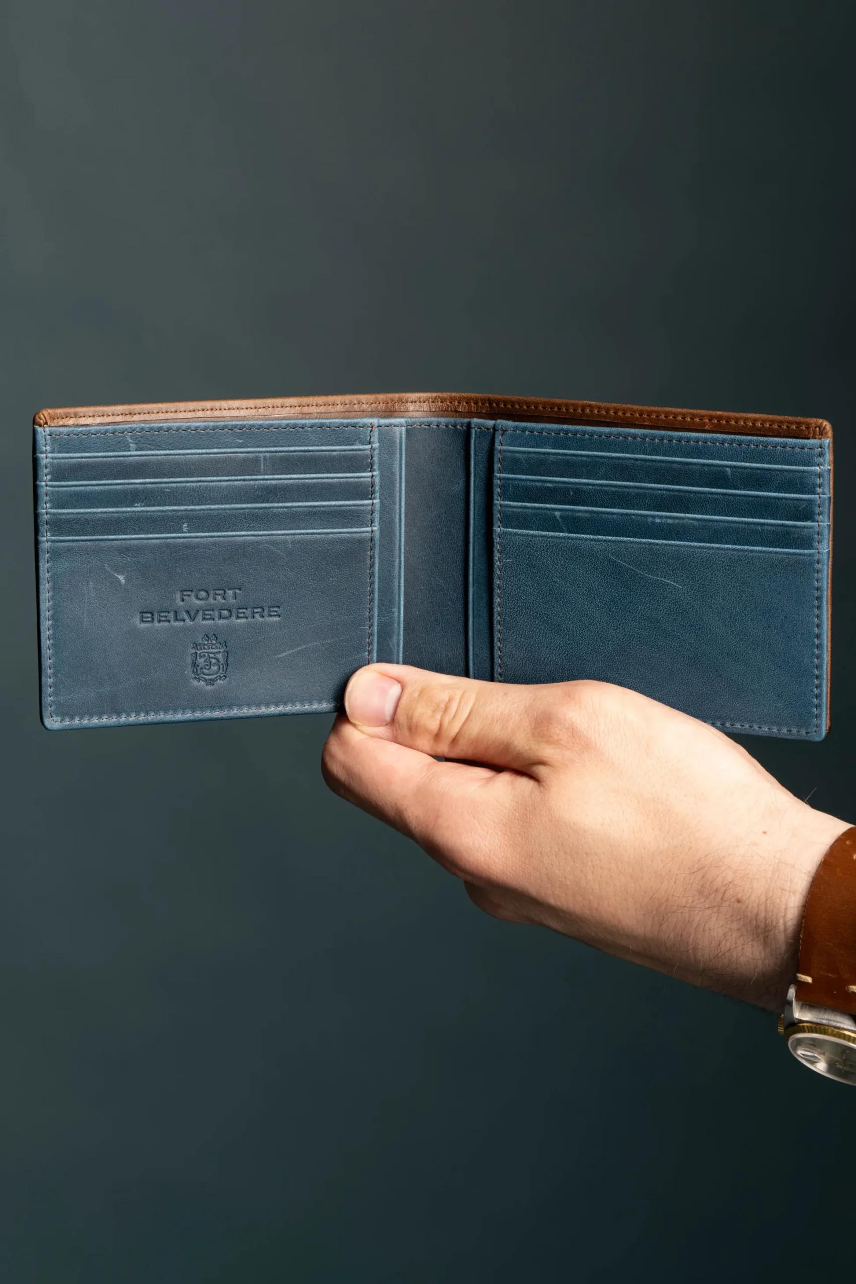 Classic 8 Card Bifold Mahogany & Blue Two Tone Leather Wallet