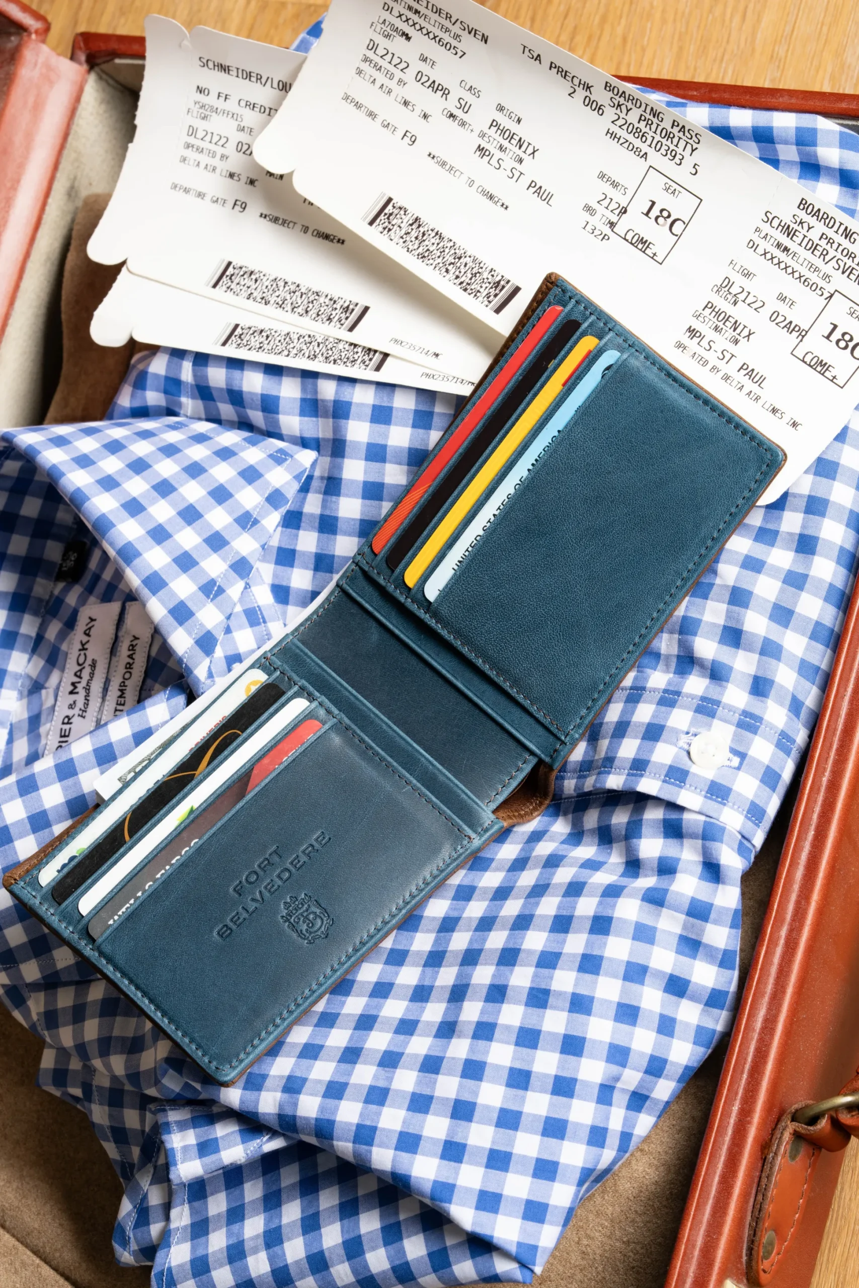 Classic 8 Card Bifold Mahogany & Blue Two Tone Leather Wallet