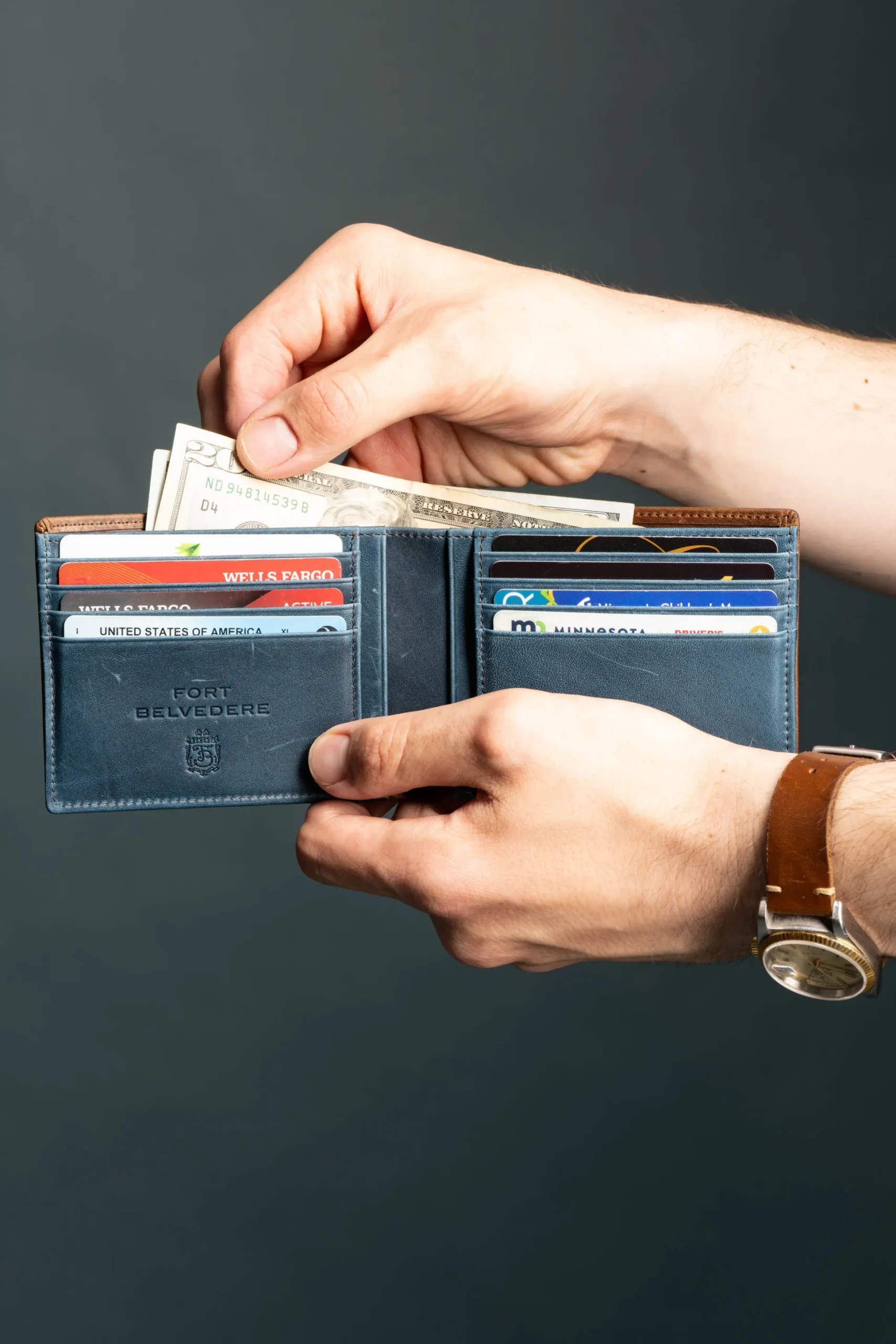 Classic 8 Card Bifold Mahogany & Blue Two Tone Leather Wallet