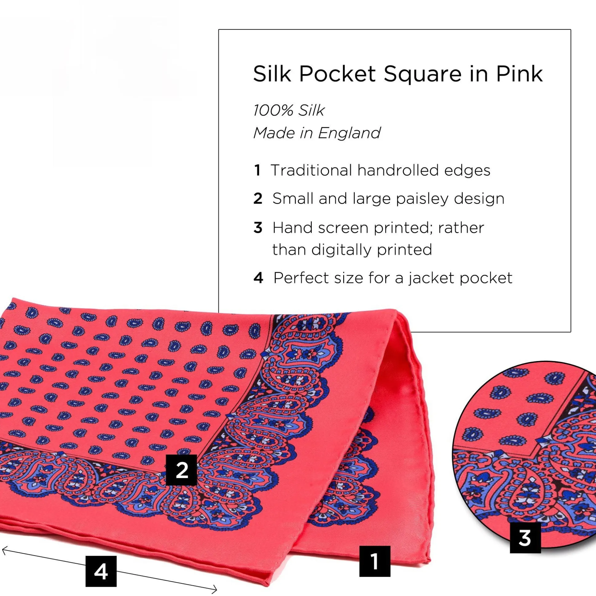 Coral Red Small & Large Paisley Silk Pocket Square