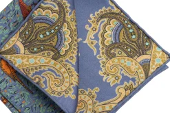 Cornflower Blue Reversible Pheasant & Paisley Silk Pocket Square