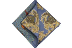 Cornflower Blue Reversible Pheasant & Paisley Silk Pocket Square