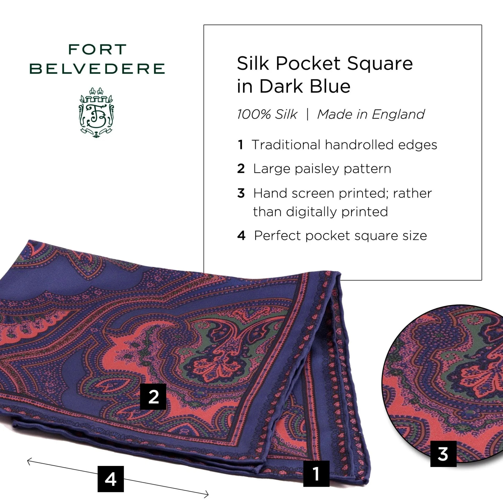 Dark Blue & Orange Large Paisley Silk Pocket Square