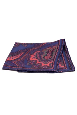 Dark Blue & Orange Large Paisley Silk Pocket Square