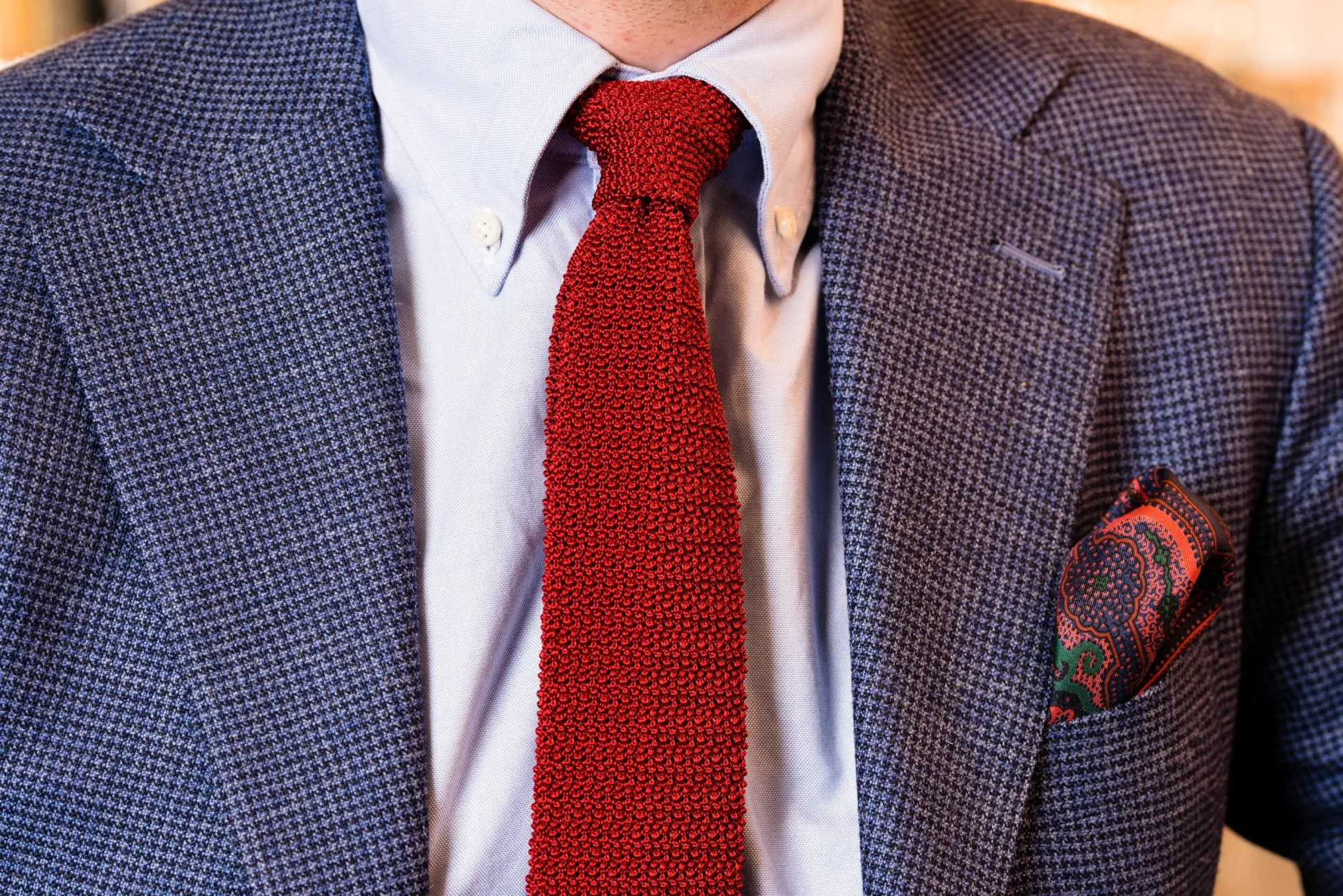 Dark Blue & Orange Large Paisley Silk Pocket Square