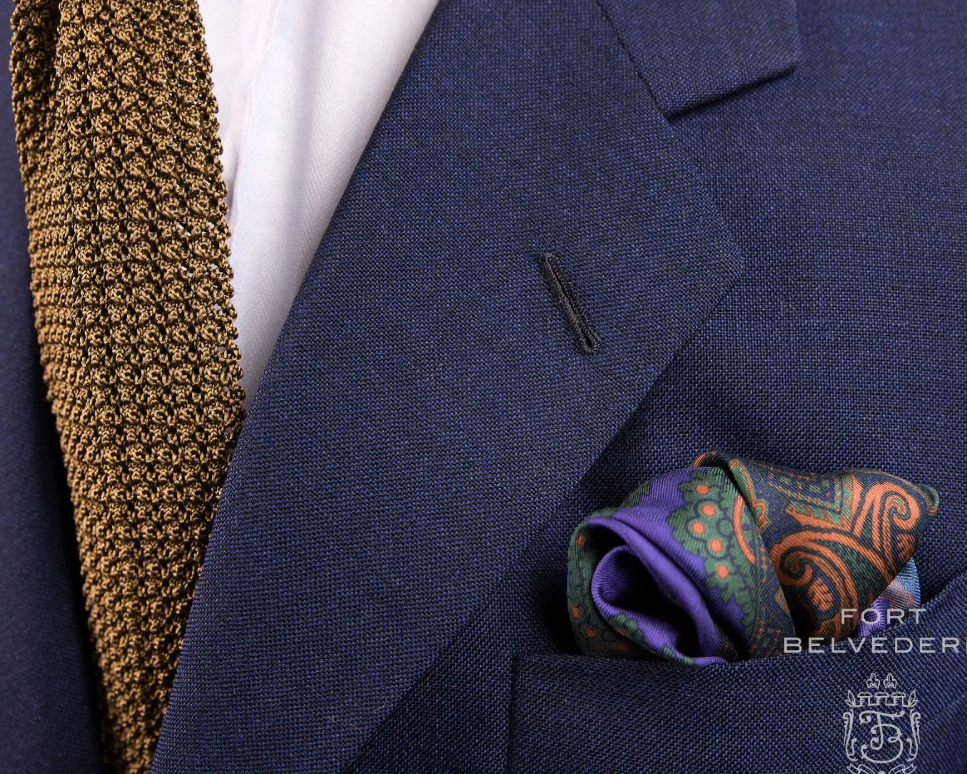 Dark Blue & Orange Large Paisley Silk Pocket Square