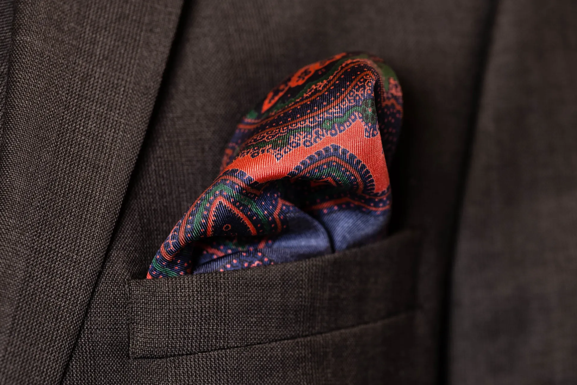 Dark Blue & Orange Large Paisley Silk Pocket Square
