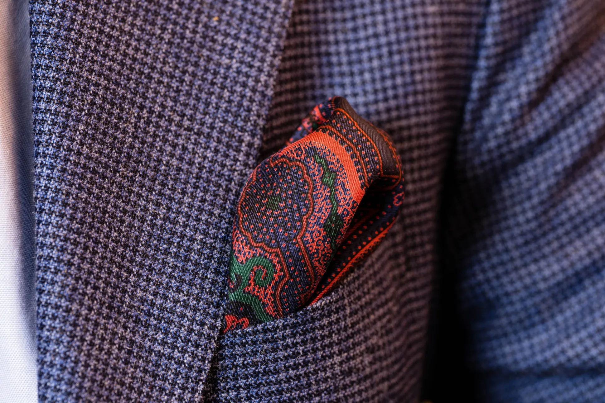 Dark Blue & Orange Large Paisley Silk Pocket Square