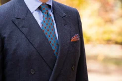 Dark Blue X-Stitch Edge Rust Orange Linen Pocket Square