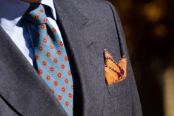 Dark Blue X-Stitch Edge Rust Orange Linen Pocket Square