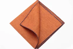 Dark Blue X-Stitch Edge Rust Orange Linen Pocket Square