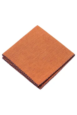 Dark Blue X-Stitch Edge Rust Orange Linen Pocket Square