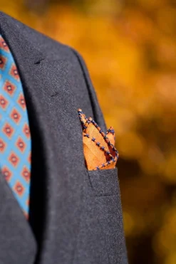Dark Blue X-Stitch Edge Rust Orange Linen Pocket Square