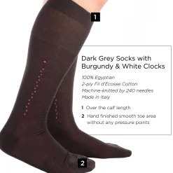 Dark Gray Cotton Socks with Burgundy & White Clocks