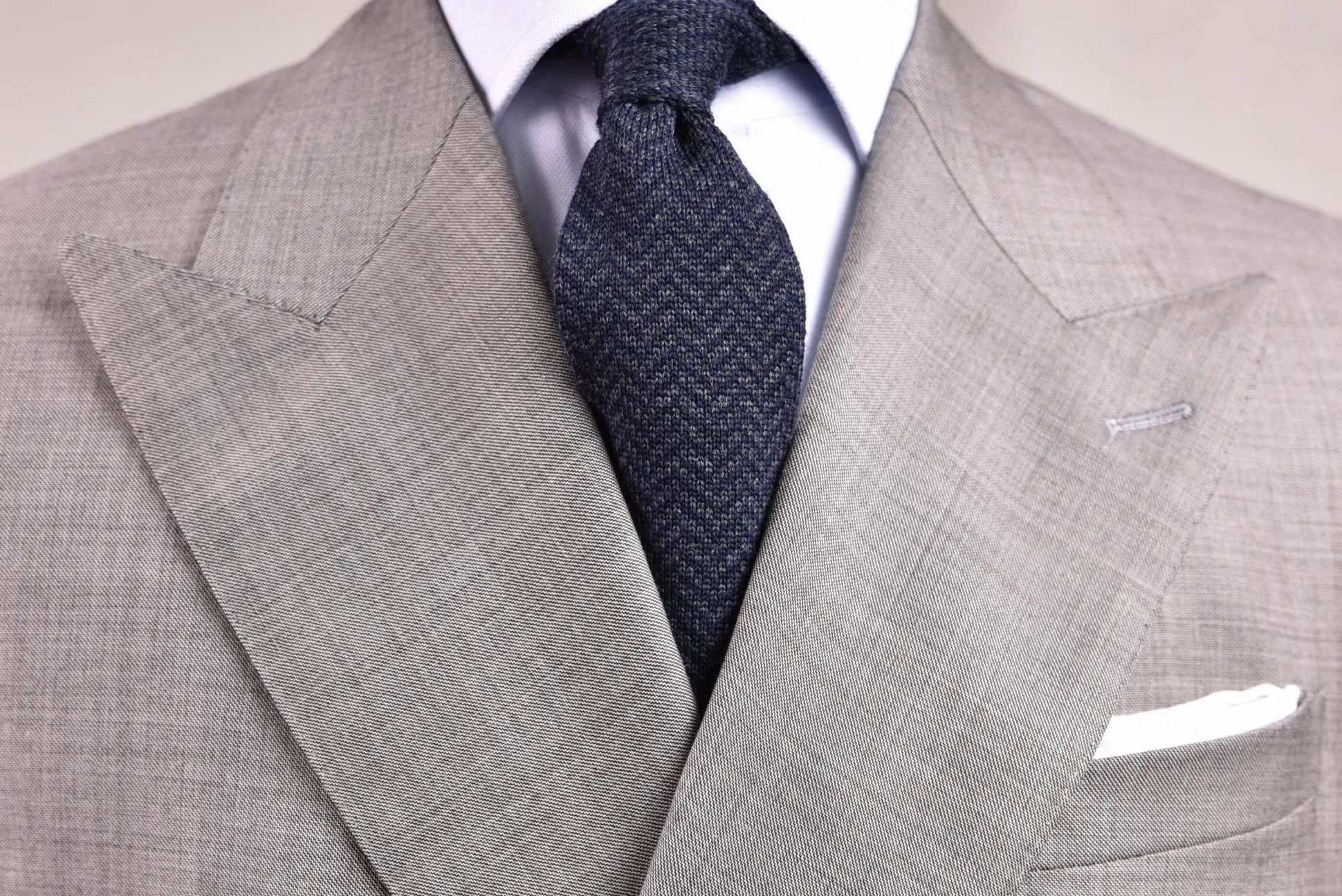 Dark Gray & Navy Herringbone Wool Knit Tie