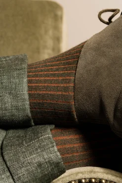 Dark Green & Orange Shadow Stripe Midweight Cotton Socks