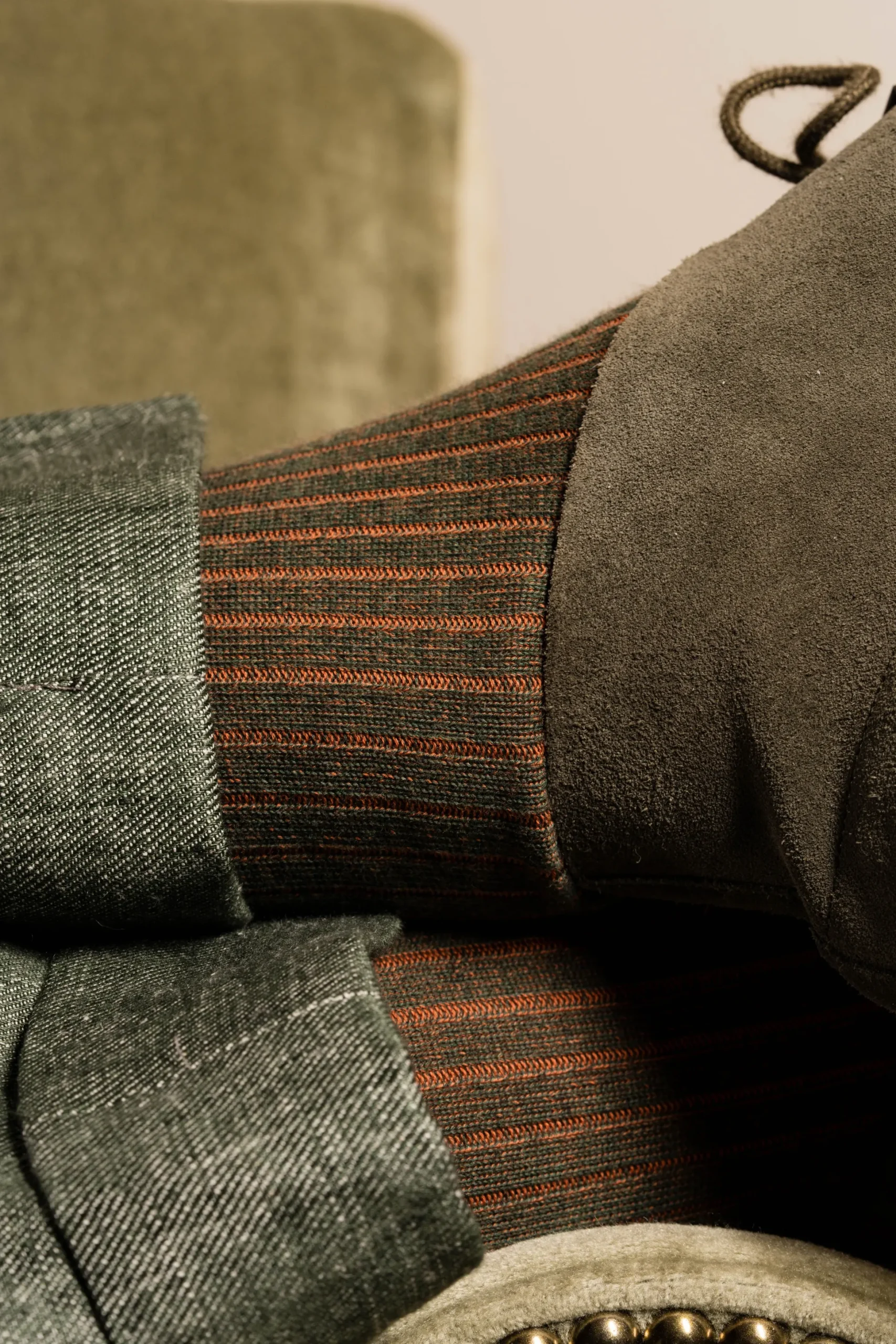 Dark Green & Orange Shadow Stripe Midweight Cotton Socks
