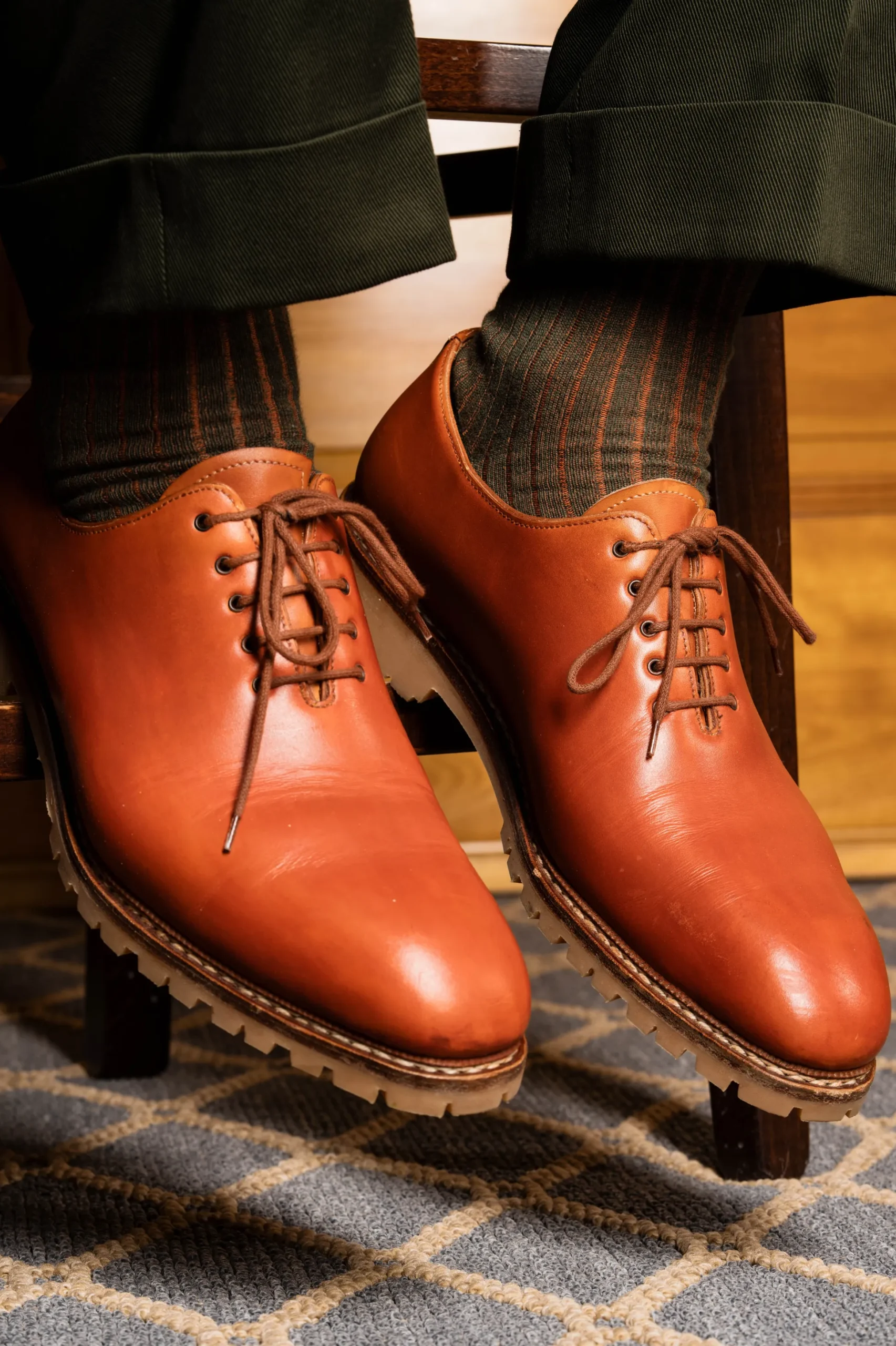 Dark Green & Orange Shadow Stripe Midweight Cotton Socks