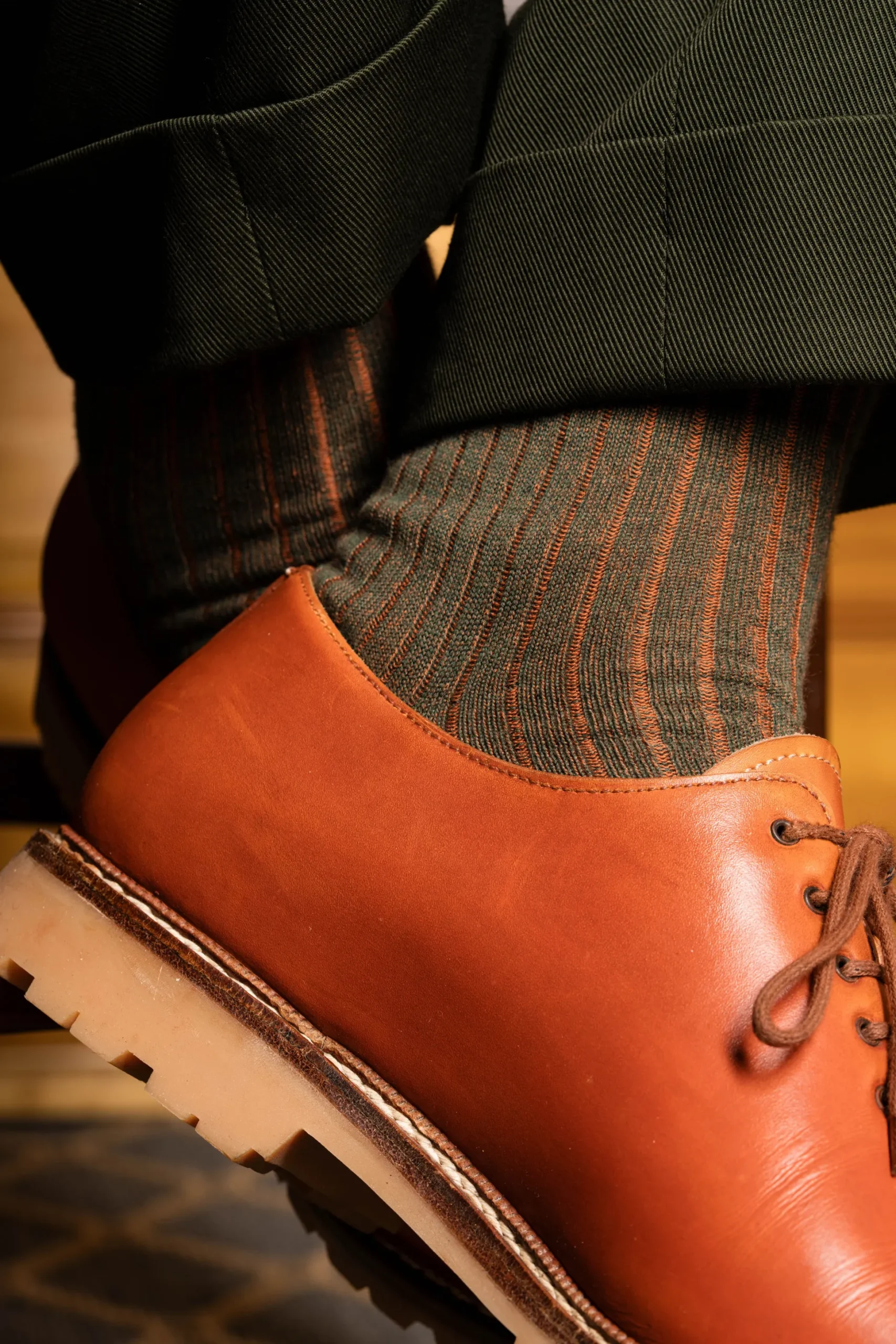 Dark Green & Orange Shadow Stripe Midweight Cotton Socks