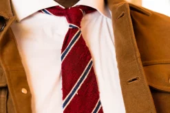 Dark Red & Blue Striped Shantung Silk Tie