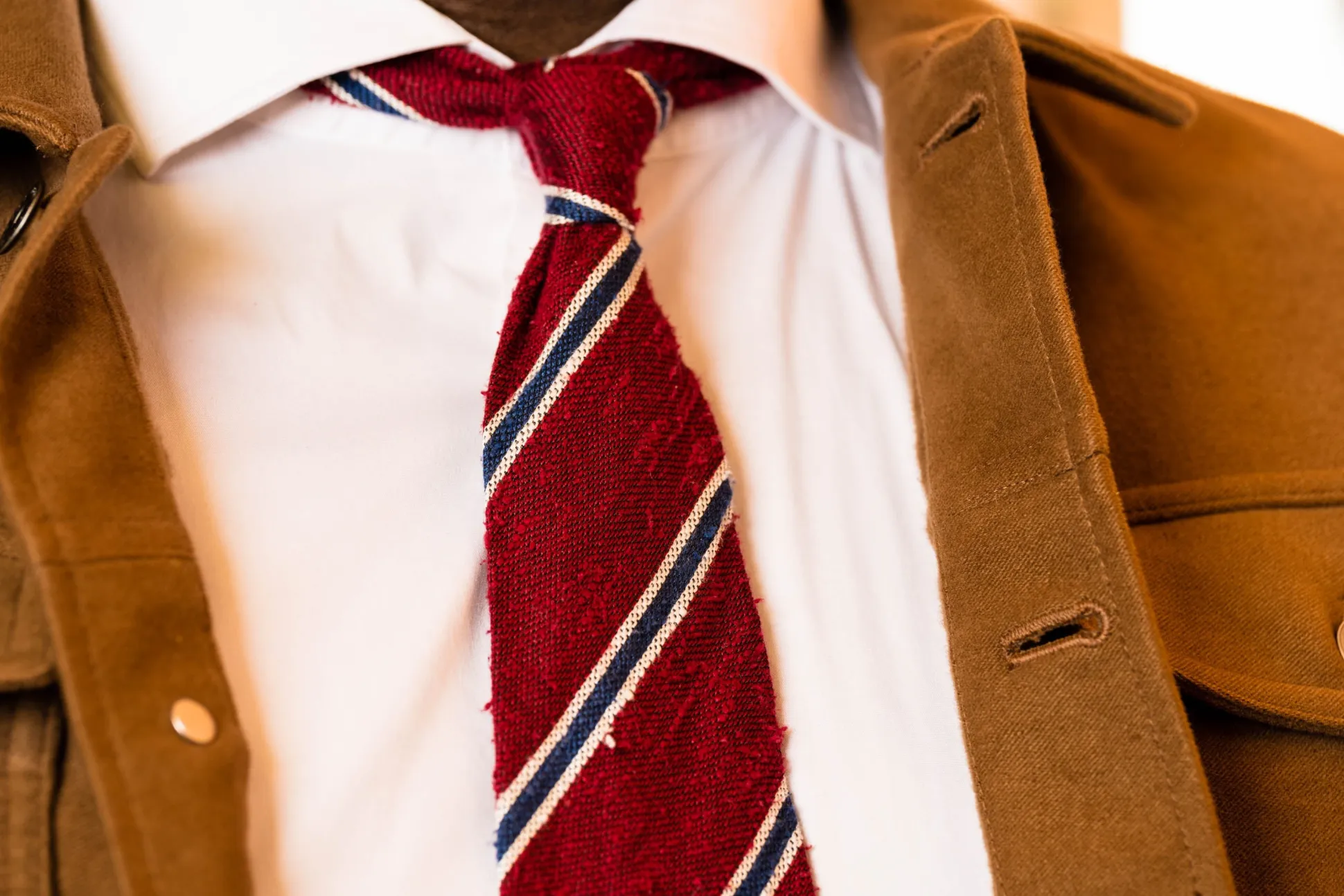 Dark Red & Blue Striped Shantung Silk Tie