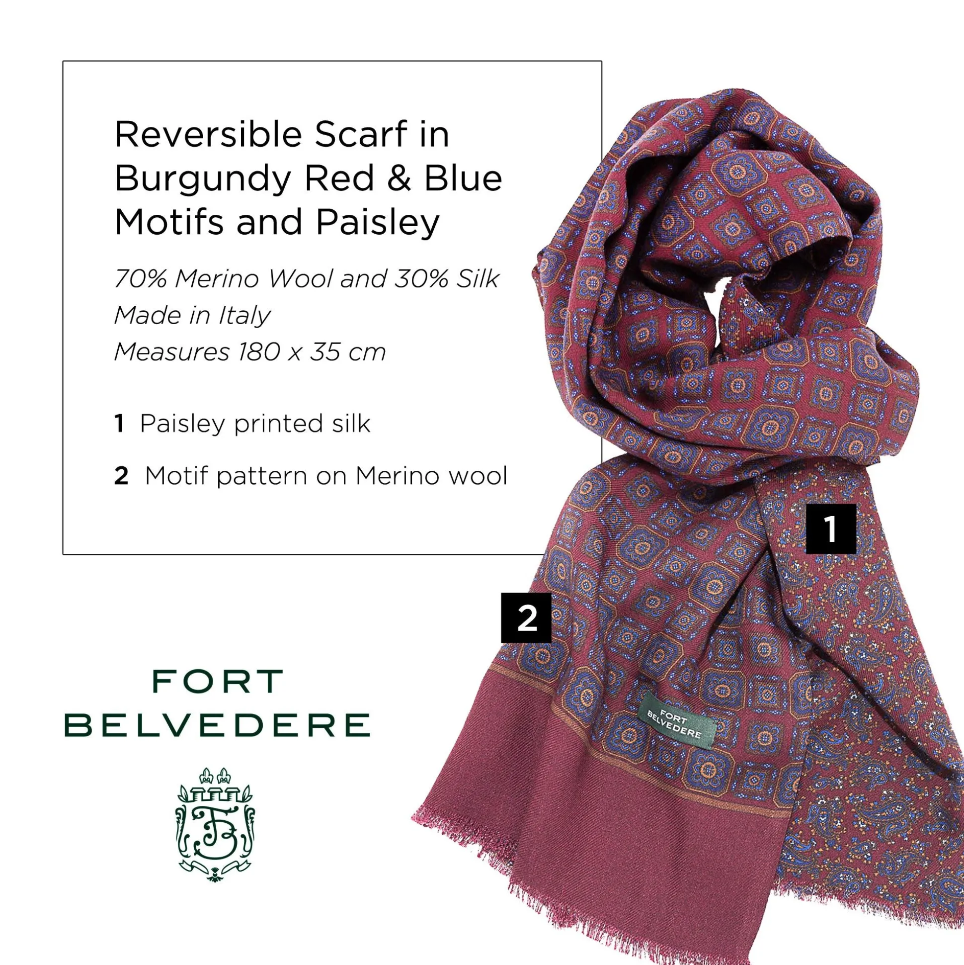 Dark Red Motif & Paisley Reversible Scarf