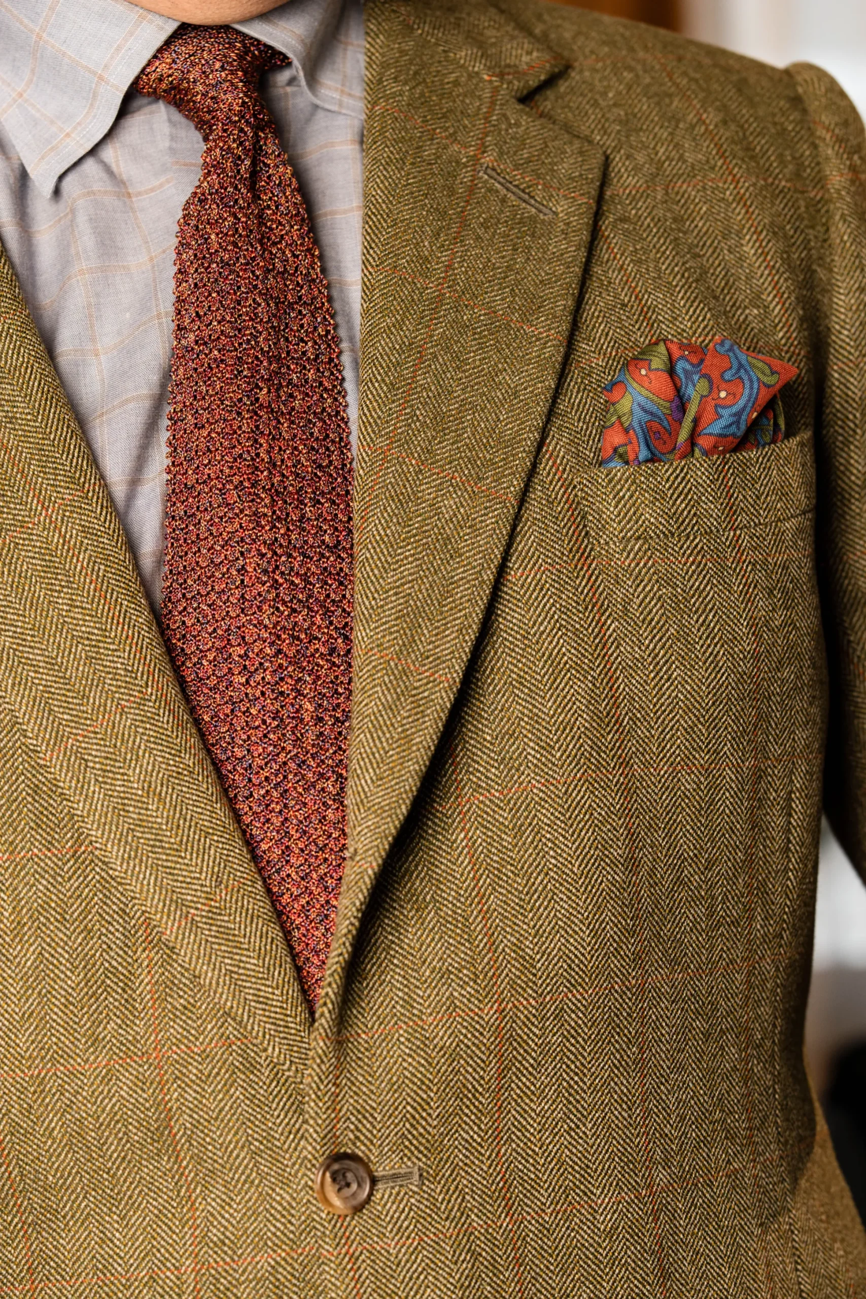 Dark Rust Orange Motif Silk-Wool Pocket Square