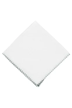 Green & Gray X-Stitch Edge White Linen Pocket Square