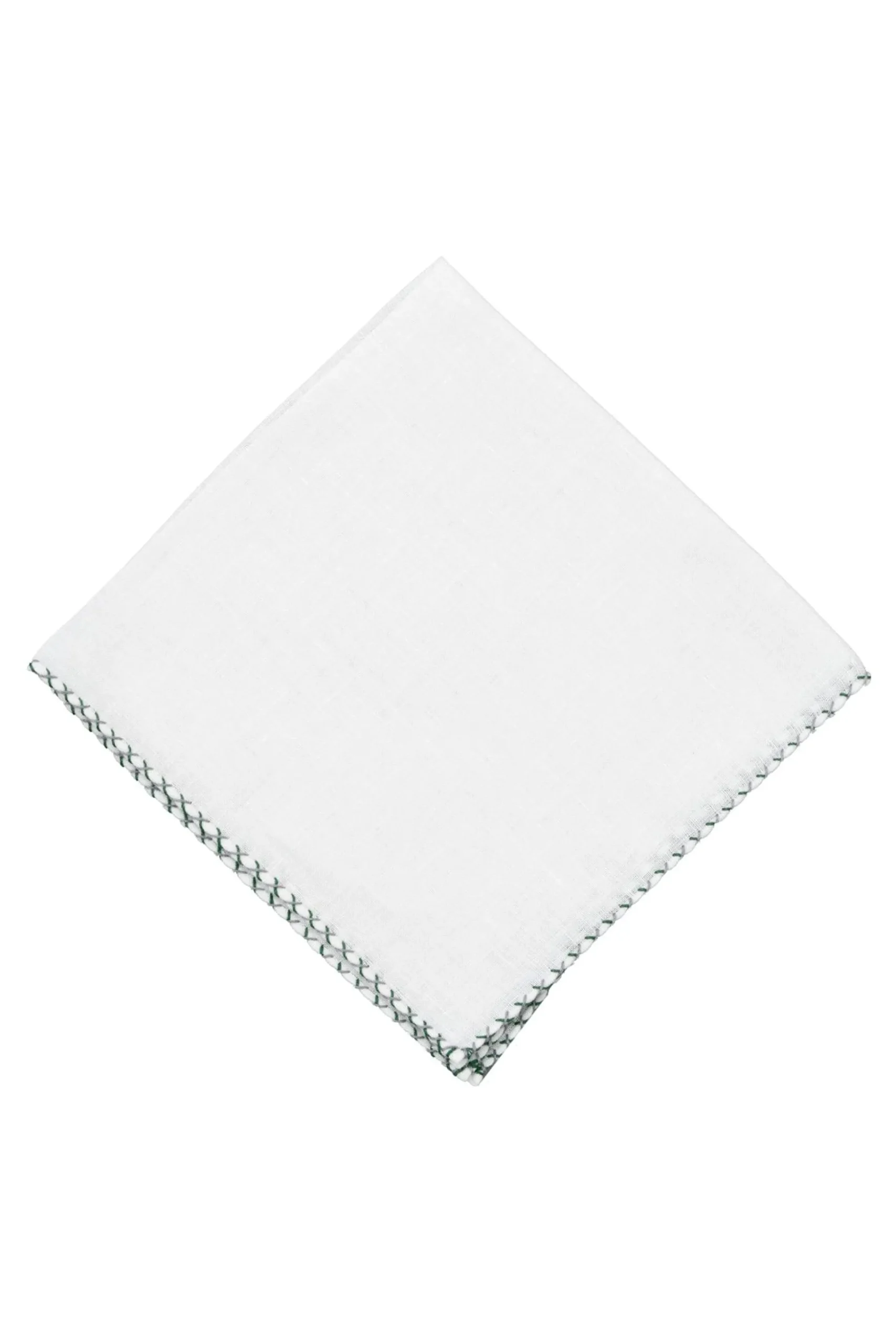 Green & Gray X-Stitch Edge White Linen Pocket Square