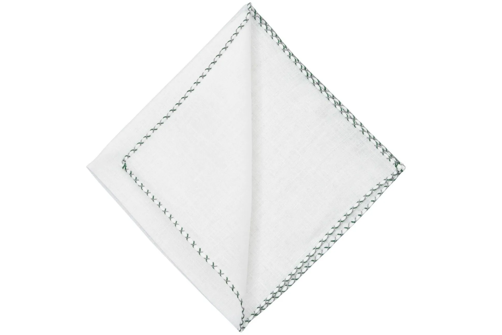 Green & Gray X-Stitch Edge White Linen Pocket Square