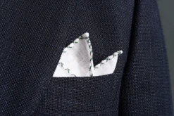 Green & Gray X-Stitch Edge White Linen Pocket Square