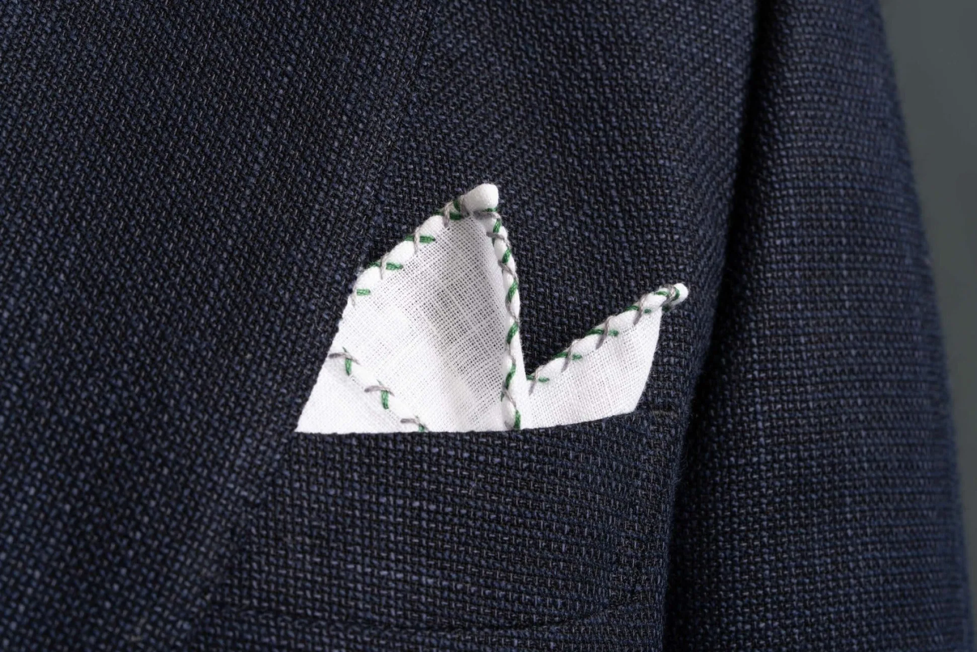 Green & Gray X-Stitch Edge White Linen Pocket Square