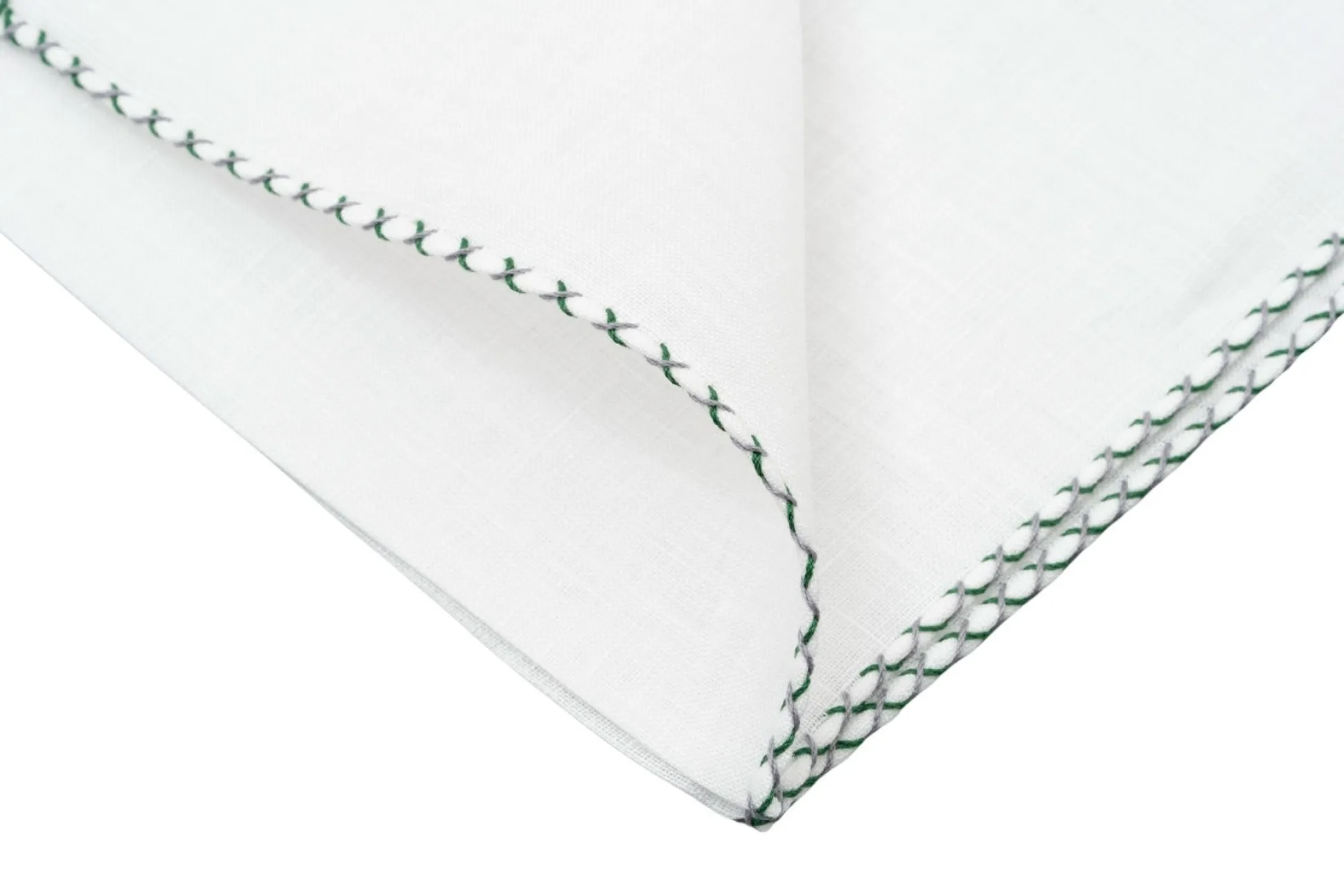 Green & Gray X-Stitch Edge White Linen Pocket Square