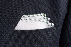 Green & Gray X-Stitch Edge White Linen Pocket Square