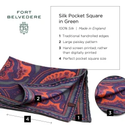 Green & Orange Large Paisley Silk Pocket Square