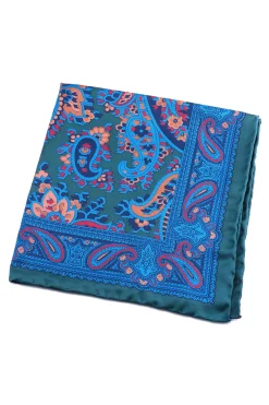 Green & Turquoise Paisley Madder Silk Pocket Square