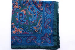 Green & Turquoise Paisley Madder Silk Pocket Square