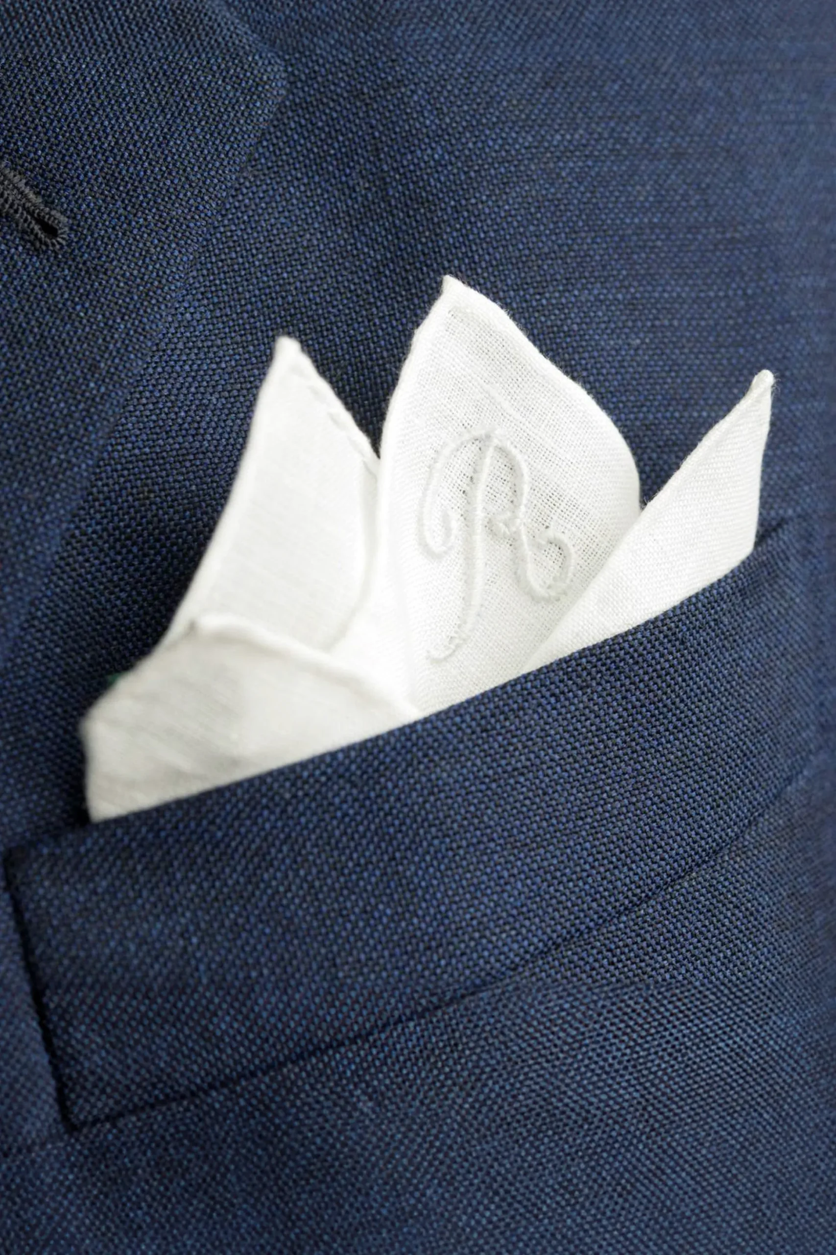 Hand-Embroidered Initial "B" White Linen Pocket Square