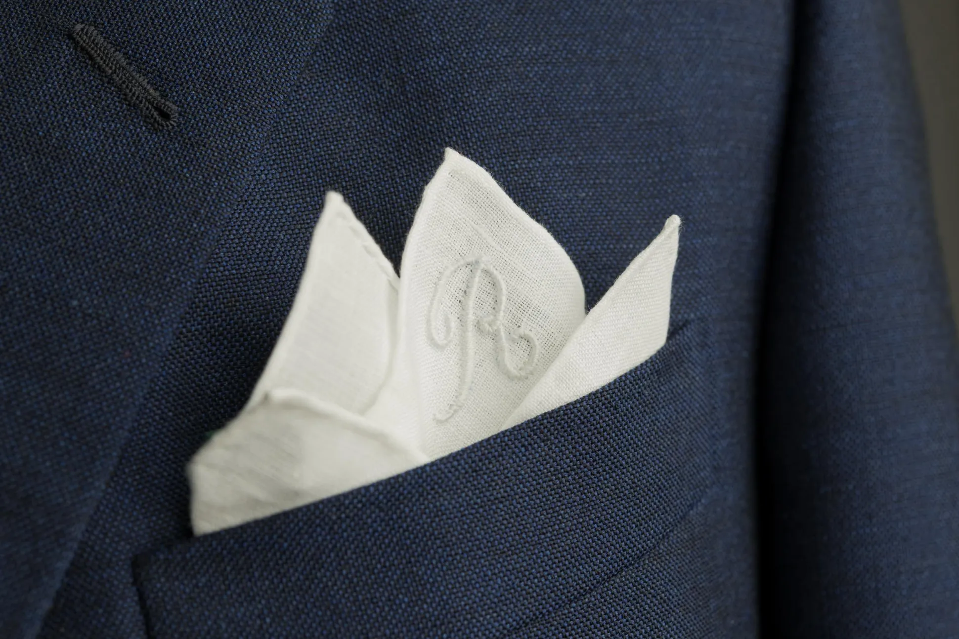 Hand-Embroidered Initial "D" White Linen Pocket Square