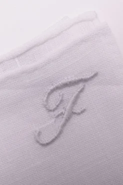 Hand-Embroidered Initial "F" White Linen Pocket Square