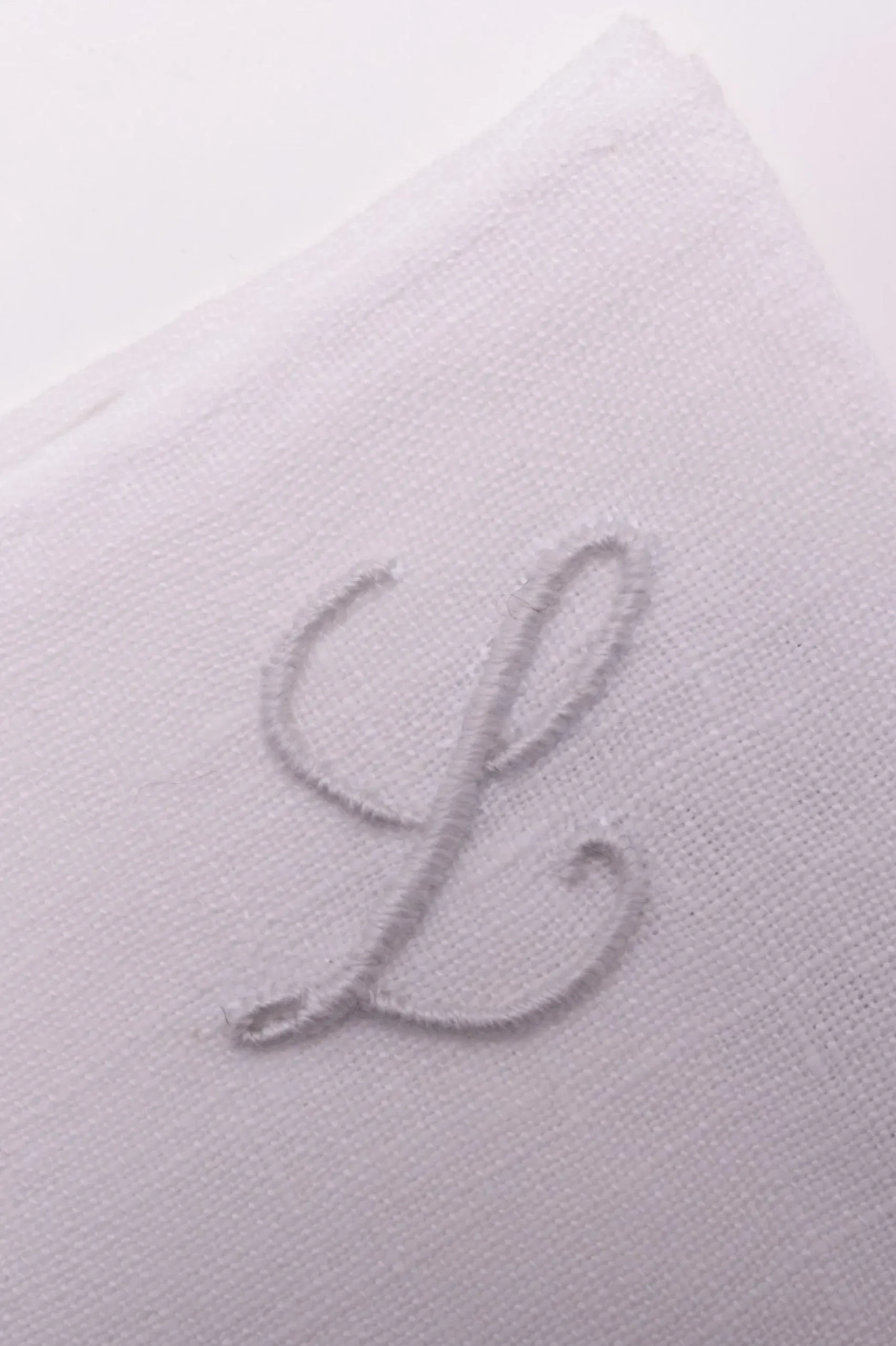 Hand-Embroidered Initial "L" White Linen Pocket Square