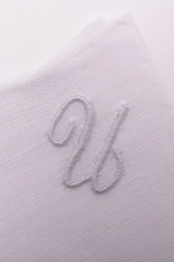 Hand-Embroidered Initial "U" White Linen Pocket Square