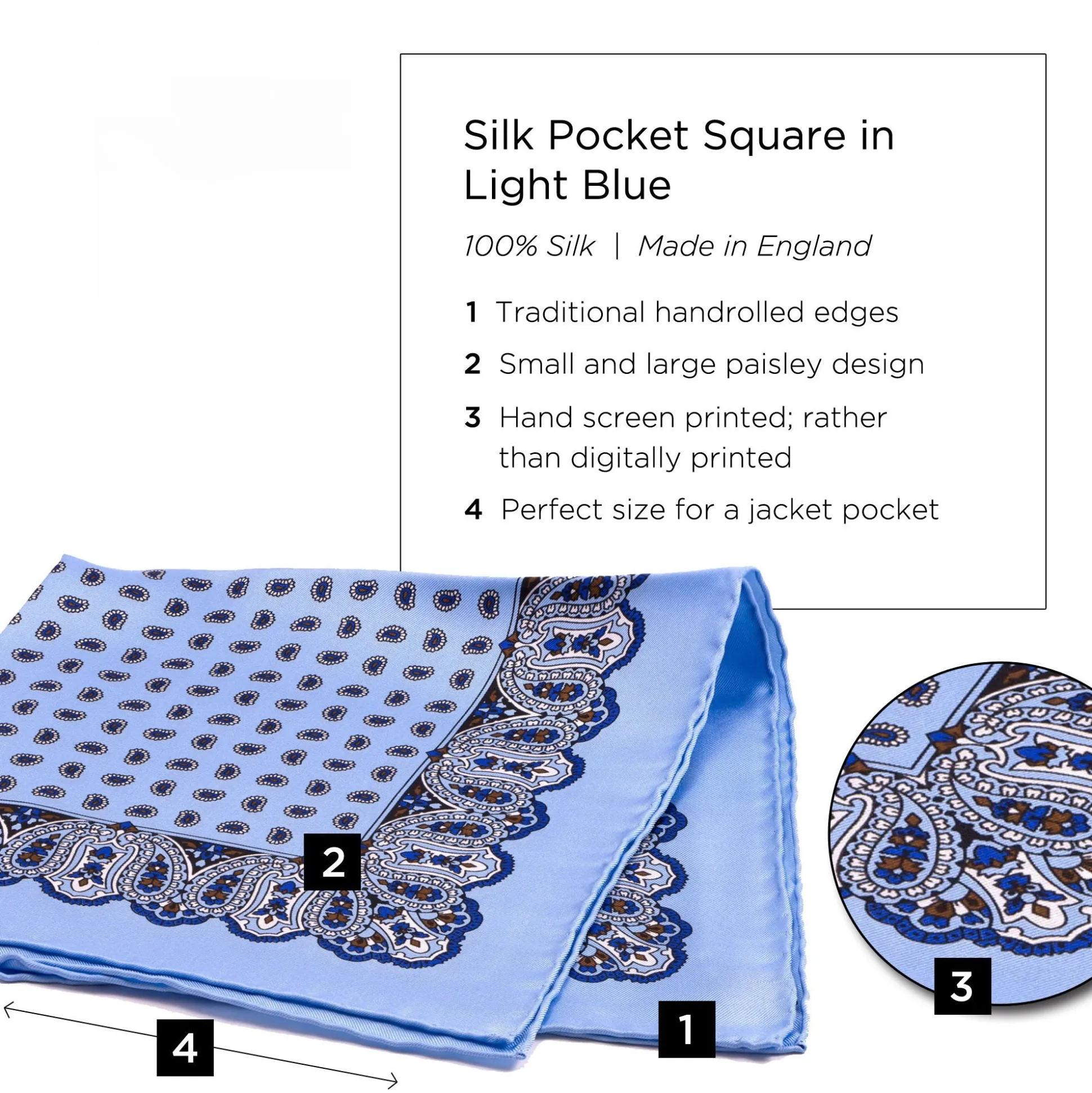 Light Blue Large & Small Paisley Silk Pocket Square