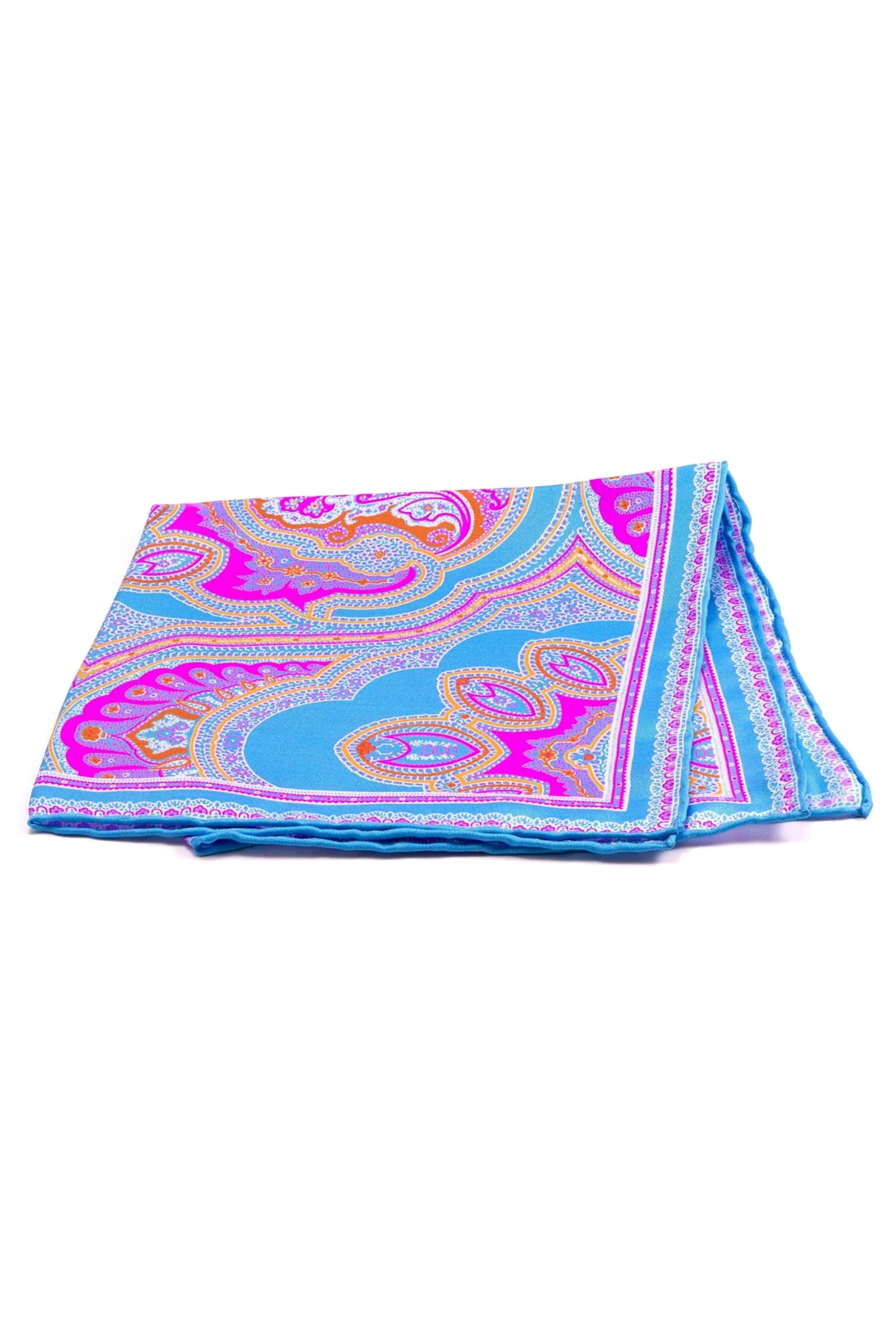 Light Blue & Pink Large Paisley Silk Pocket Square
