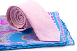 Light Blue & Pink Large Paisley Silk Pocket Square