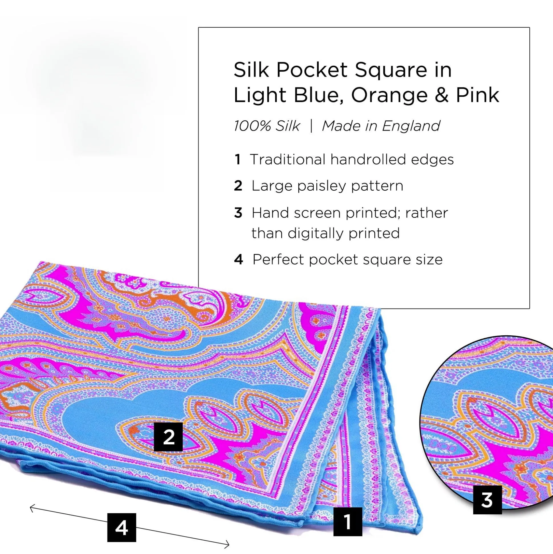 Light Blue & Pink Large Paisley Silk Pocket Square