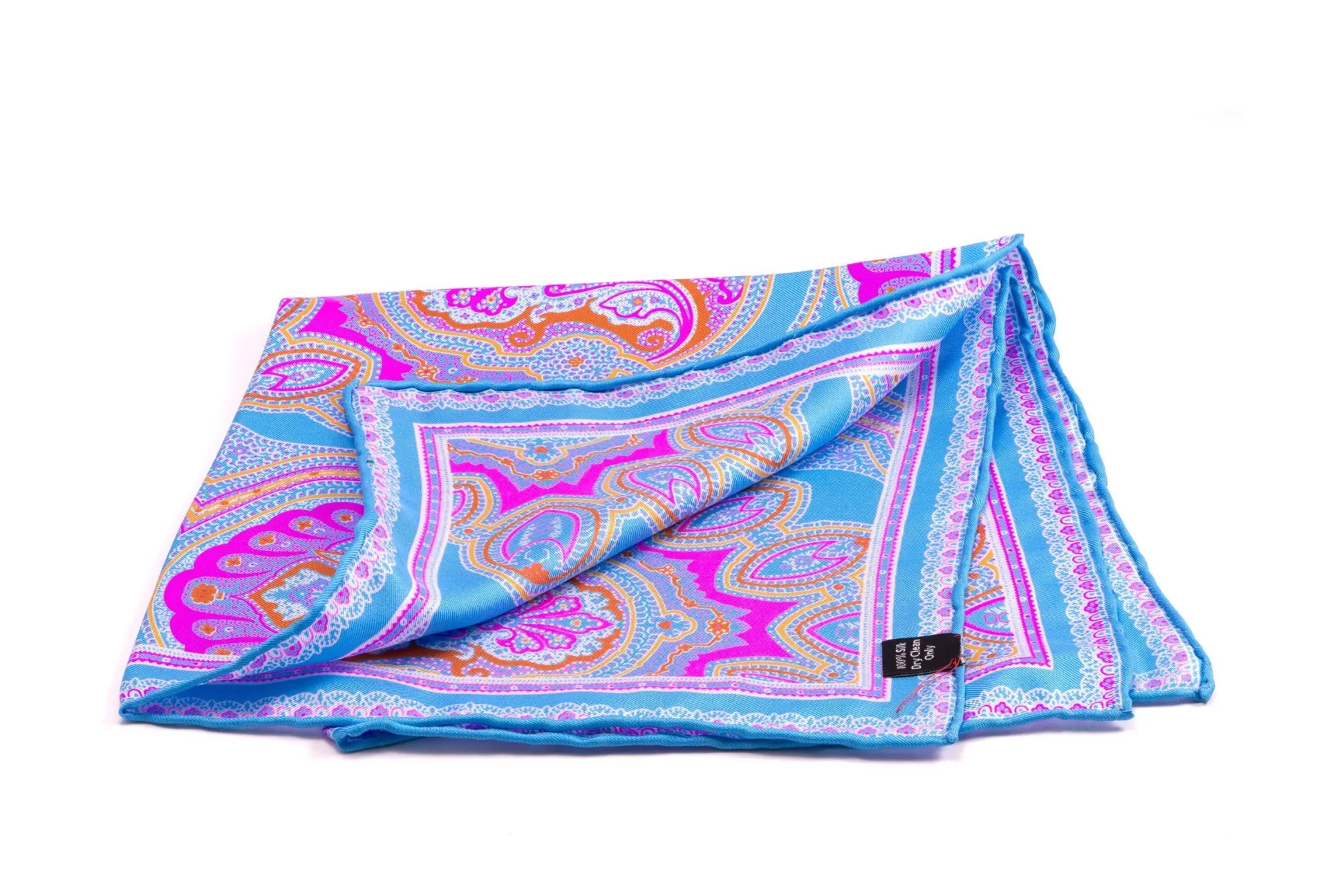 Light Blue & Pink Large Paisley Silk Pocket Square